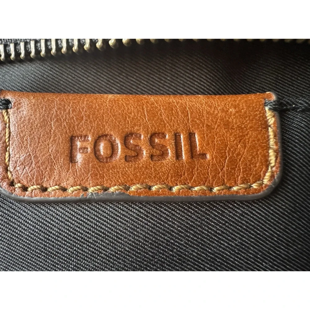 Fossil Defender Briefcase Black Leather Top Handles Crossbody Strap Double Zip